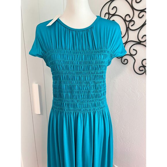 Trina Turk Entertain Women's Jersey Smocked Bodice Midi Dress Tile Blue Size Med - Picture 5 of 13